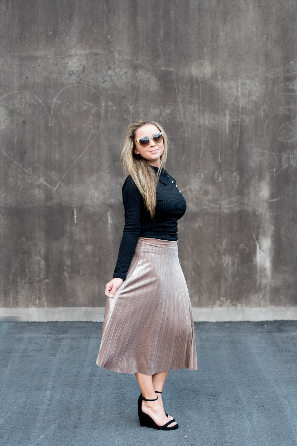 Velvet Pleated Midi Skirt - Taupe