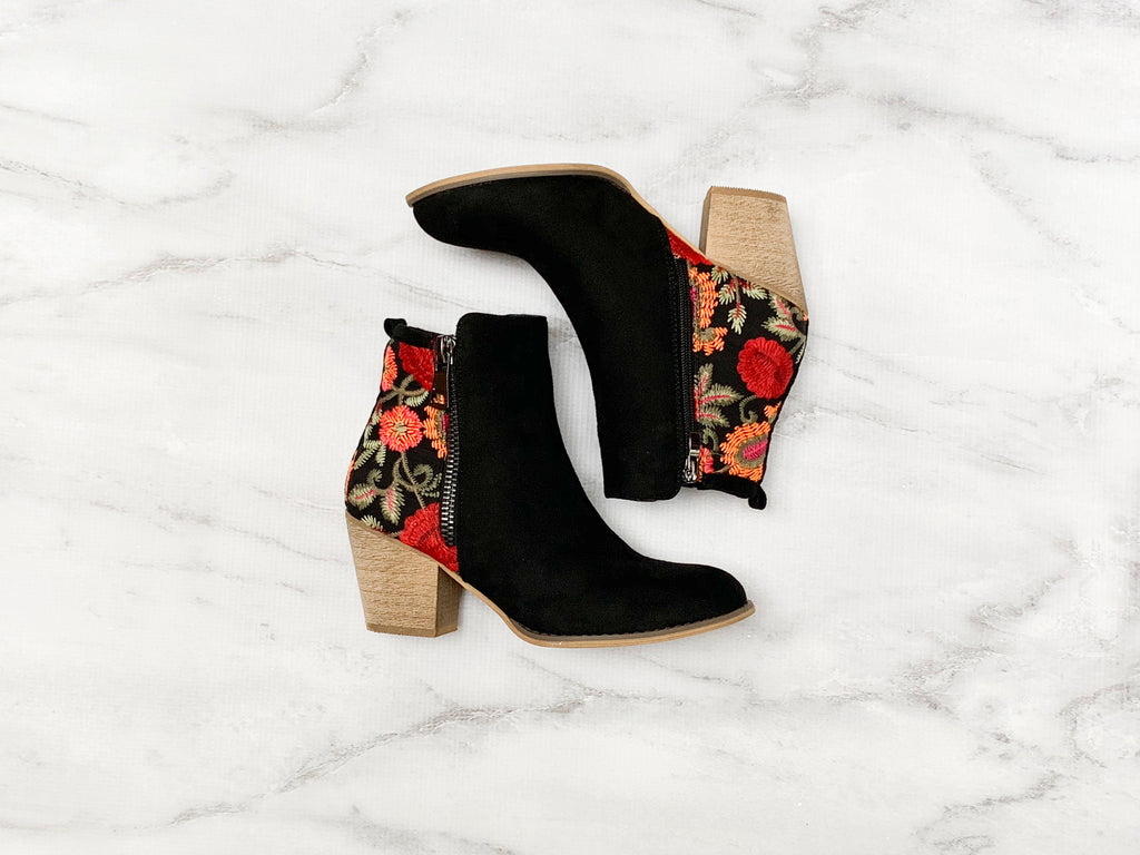 Faux Suede Embroidery Bootie - Black