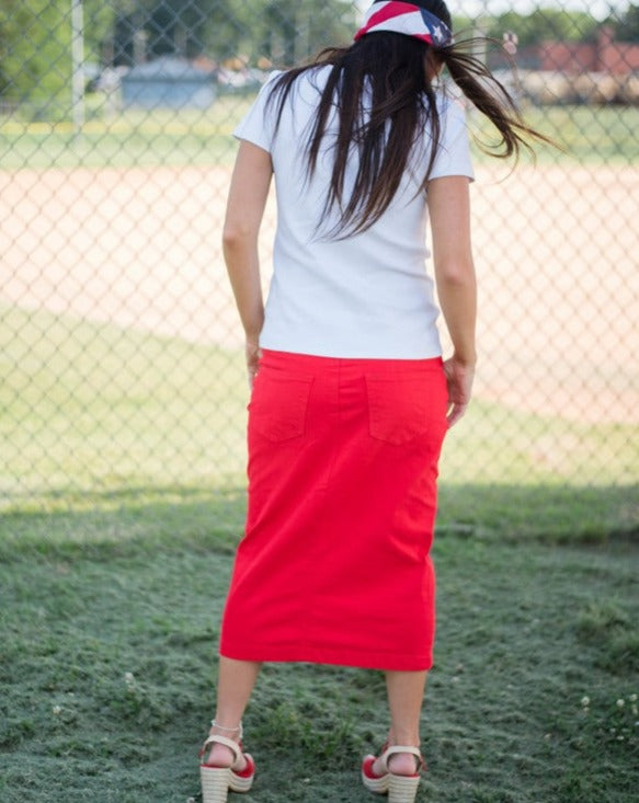 Candy Apple Red Denim Skirt